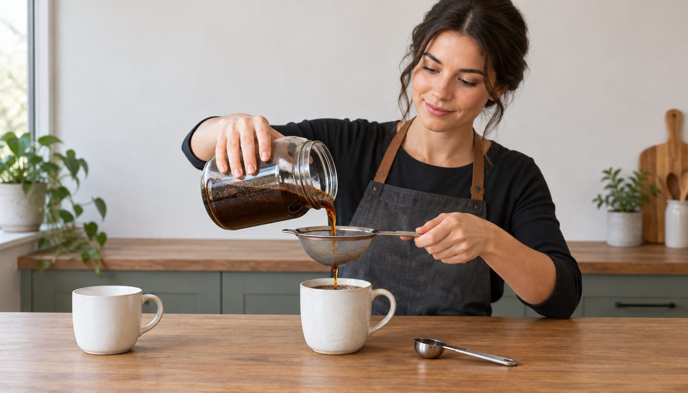 A woman pouring cold brew coffee from a jar through a strainer into a mug