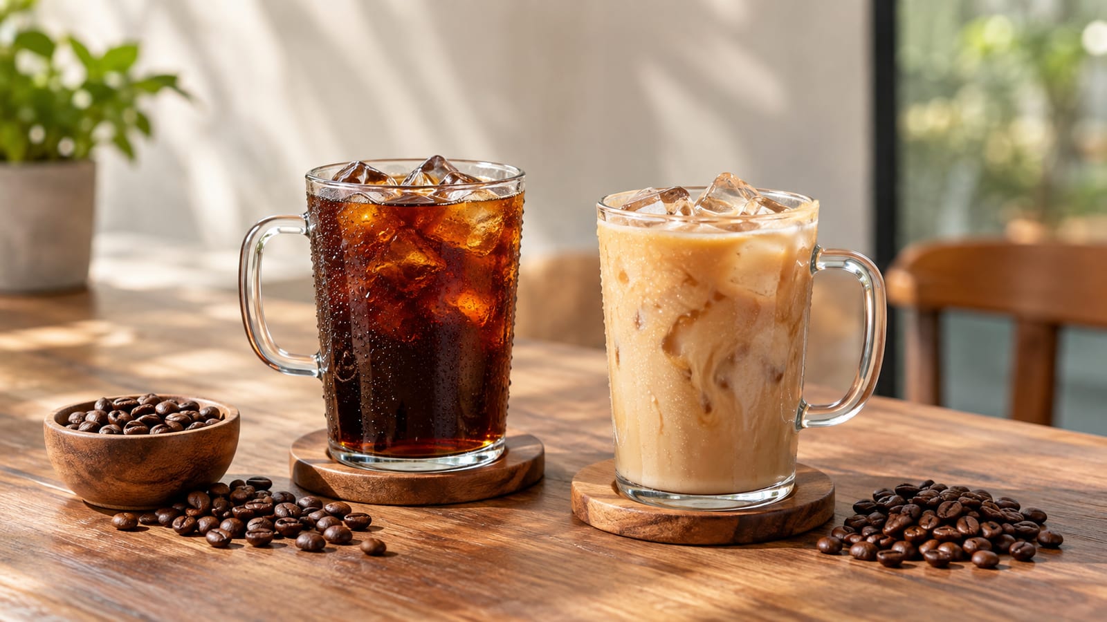 Two glass mugs of iced cold brew coffee beside coffee beans on a wooden table