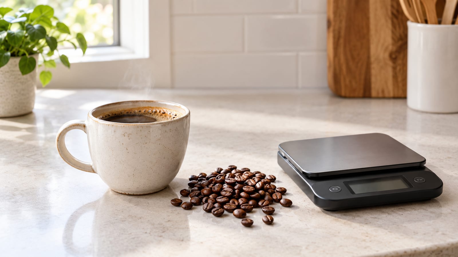 Steaming ceramic mug of coffee beside roasted whole coffee beans and a digital scale on a kitchen counter