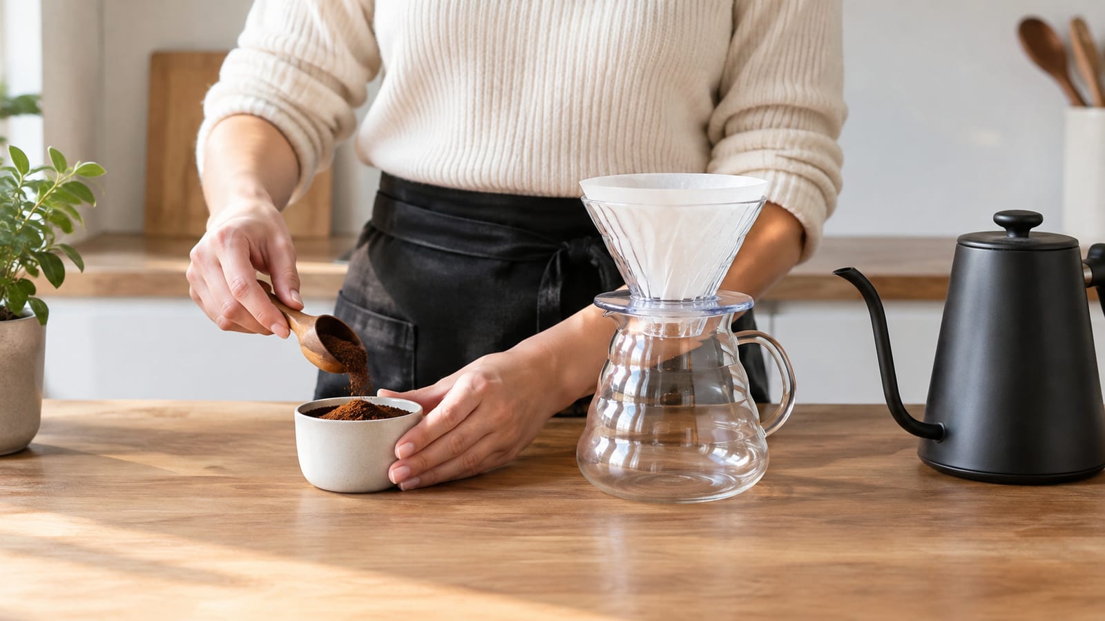Person scooping ground coffee beside a glass pour-over carafe on a kitchen counter